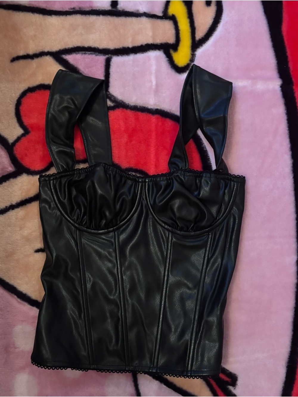 Edikted Black Faux Leather Corset-Style Bodysuit Top